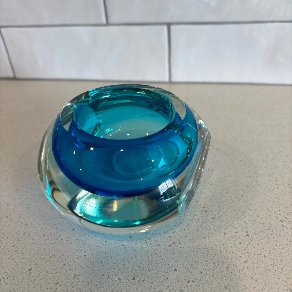 VTG Fifth Avenue Crystal Blue Clear Sommerso Faceted Votive Vase Paperweight